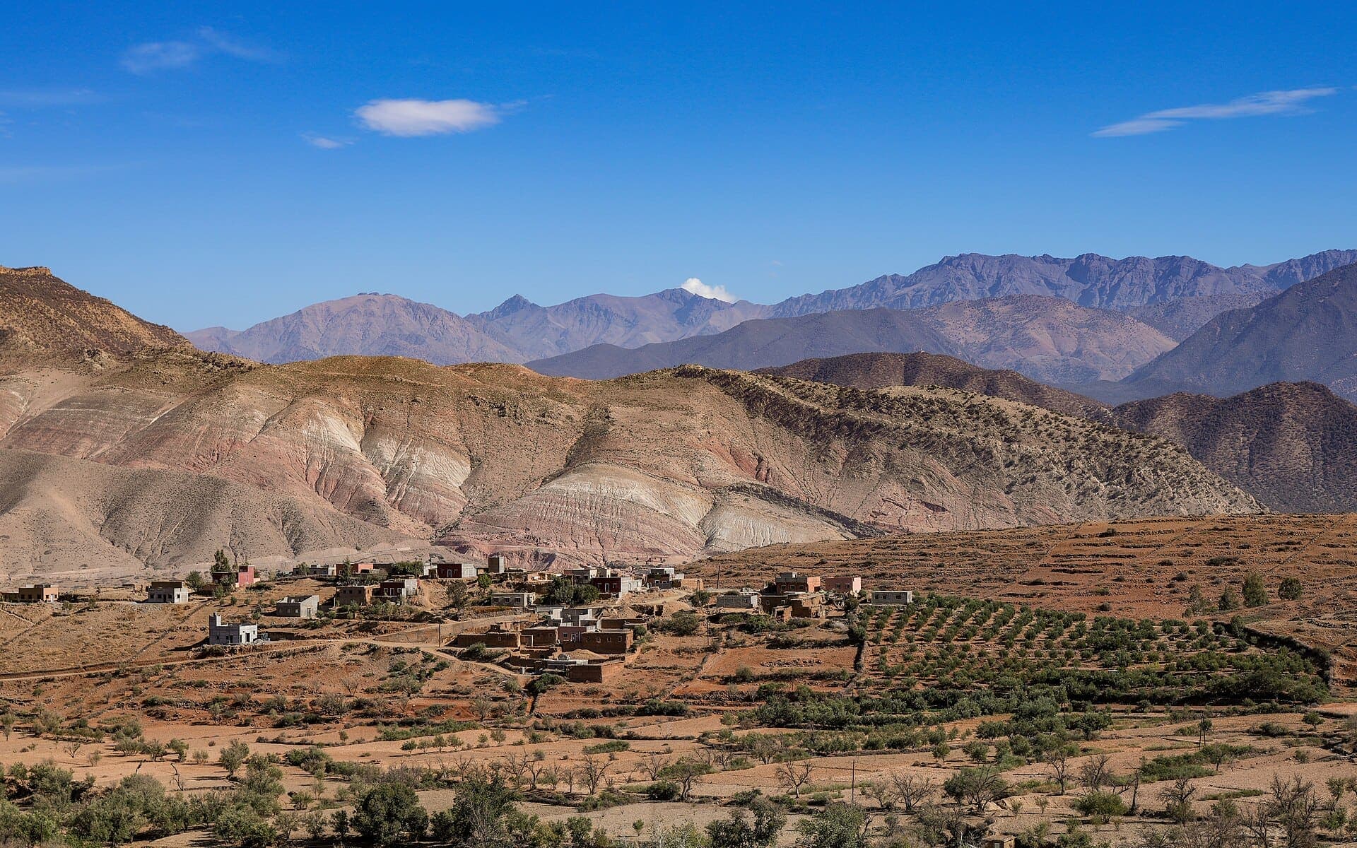 A village beneath the snow-flecked peaks of the High Atlas mountains