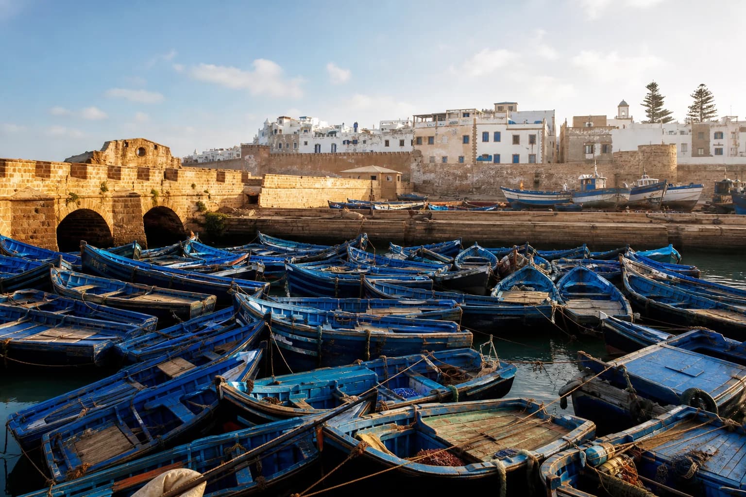 Blue fishing boats below the old ramparts and white medina of Essaouira